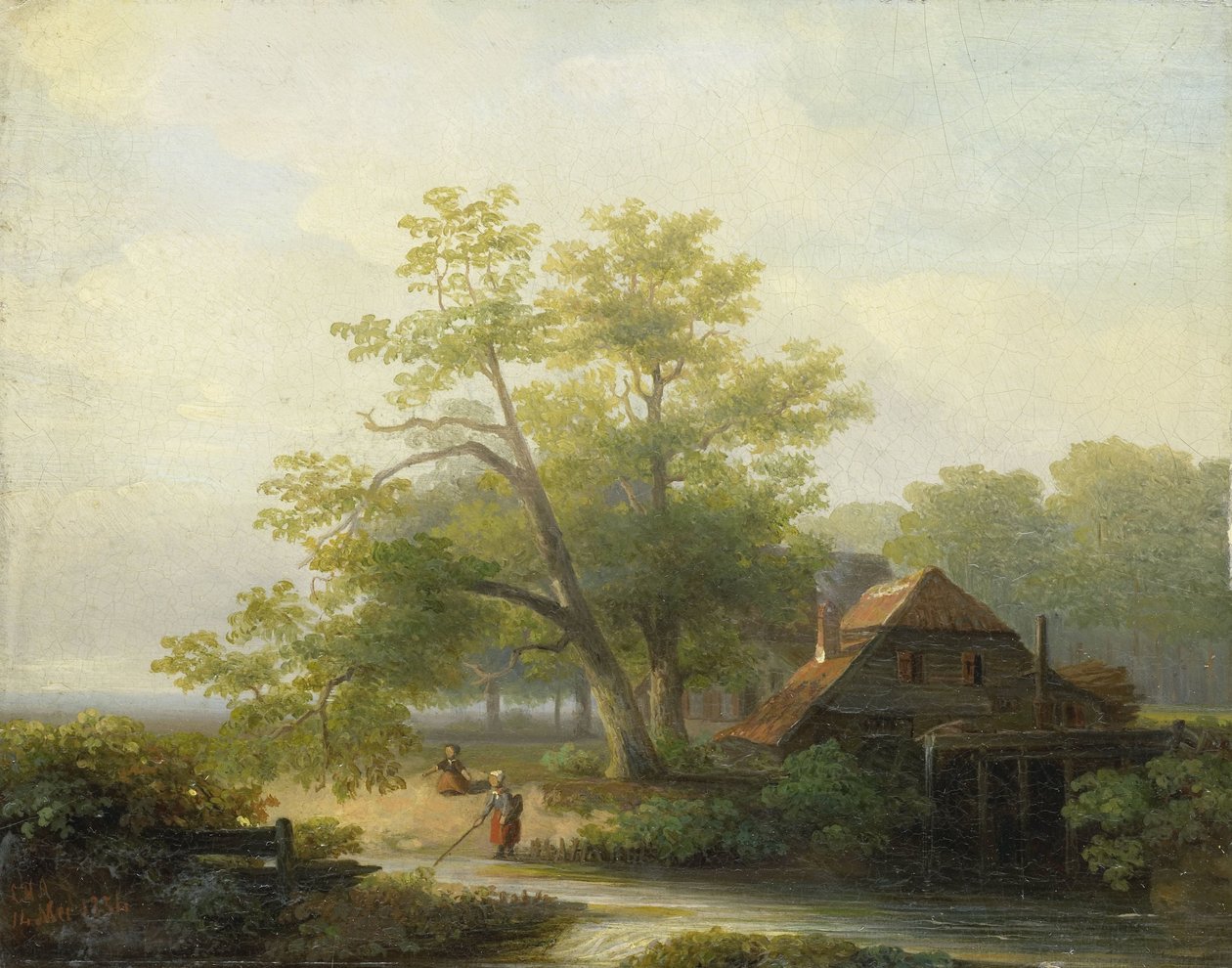 Un molino de agua en un paisaje boscoso de Lodewijk Hendrik Arends
