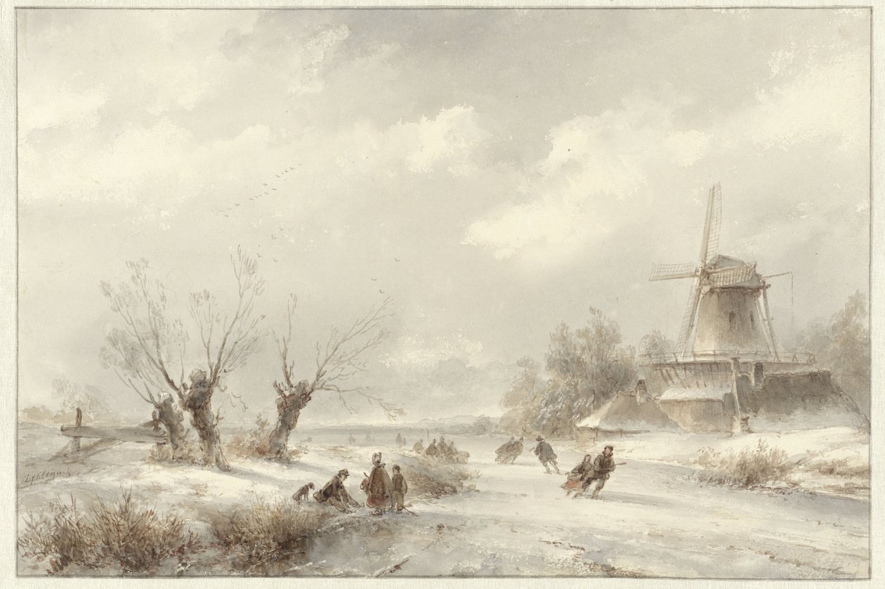 Paisaje invernal con patinadores sobre hielo cerca de un molino de Lodewijk Johannes Kleijn