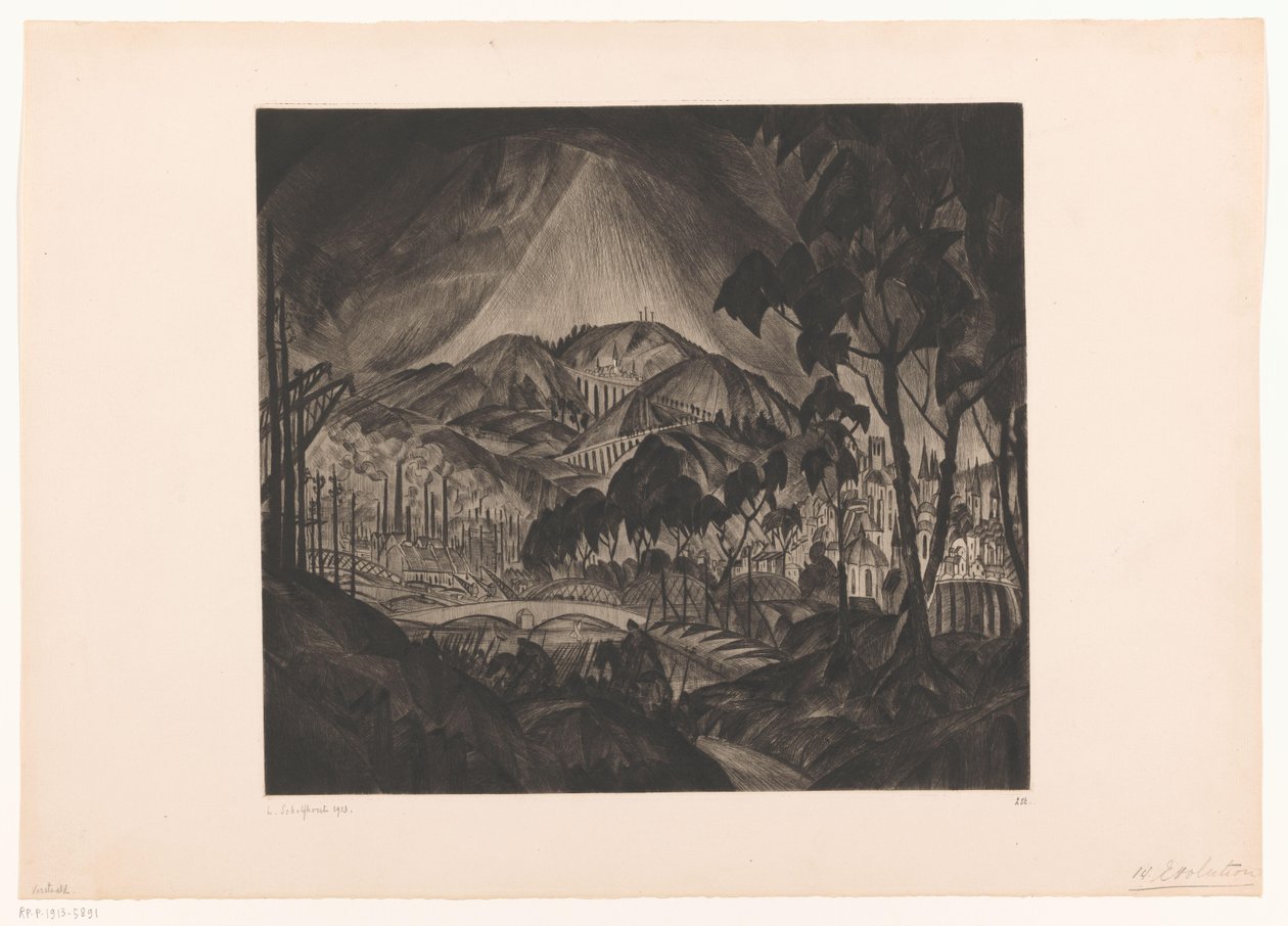Paisaje montañoso con industria. Evolución (título original) de Lodewijk Schelfhout (signed by artist)