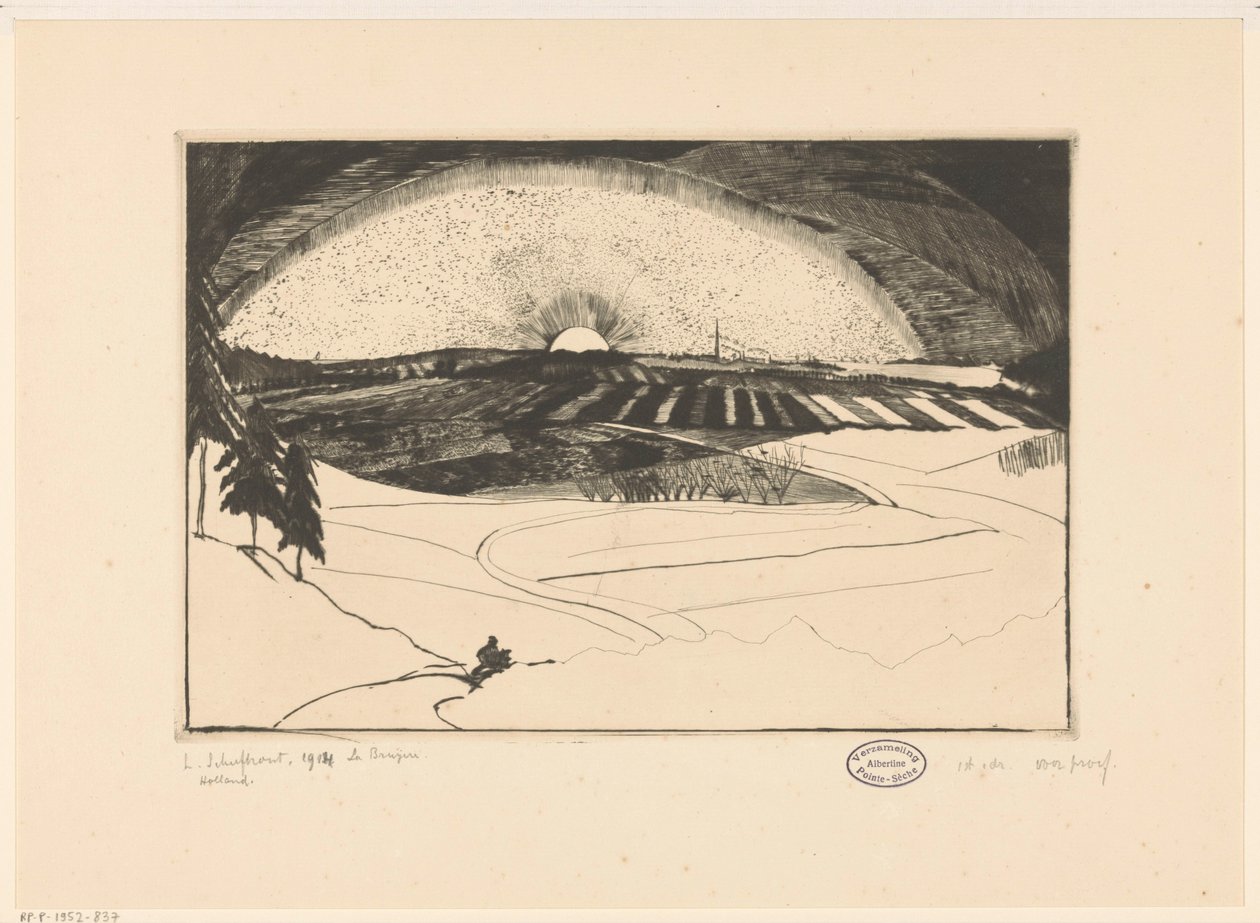 Sol naciente o poniente sobre un paisaje montañoso La Bruyere (título original del objeto) de Lodewijk Schelfhout (signed by artist)