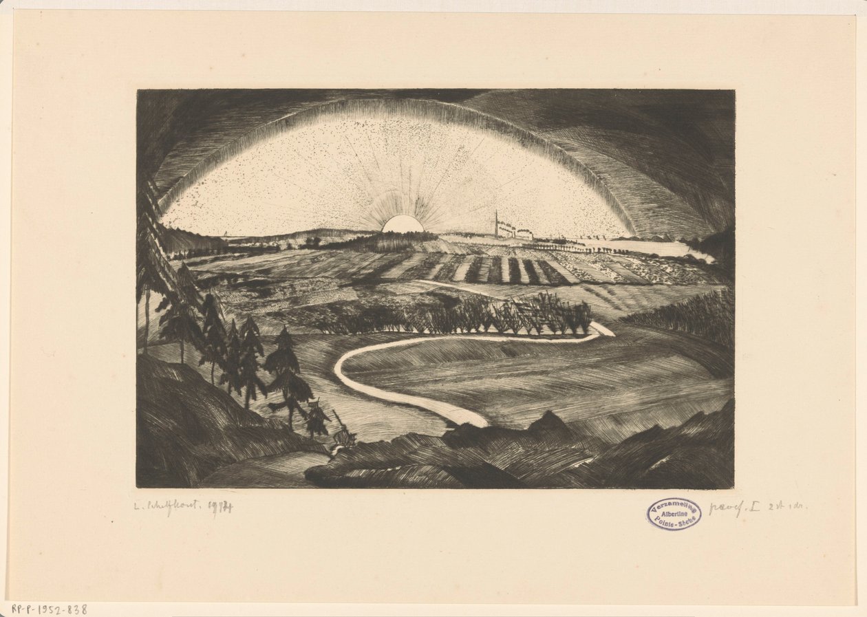 Sol naciente o poniente sobre un paisaje montañoso La Bruyere (título original del objeto) de Lodewijk Schelfhout (signed by artist)