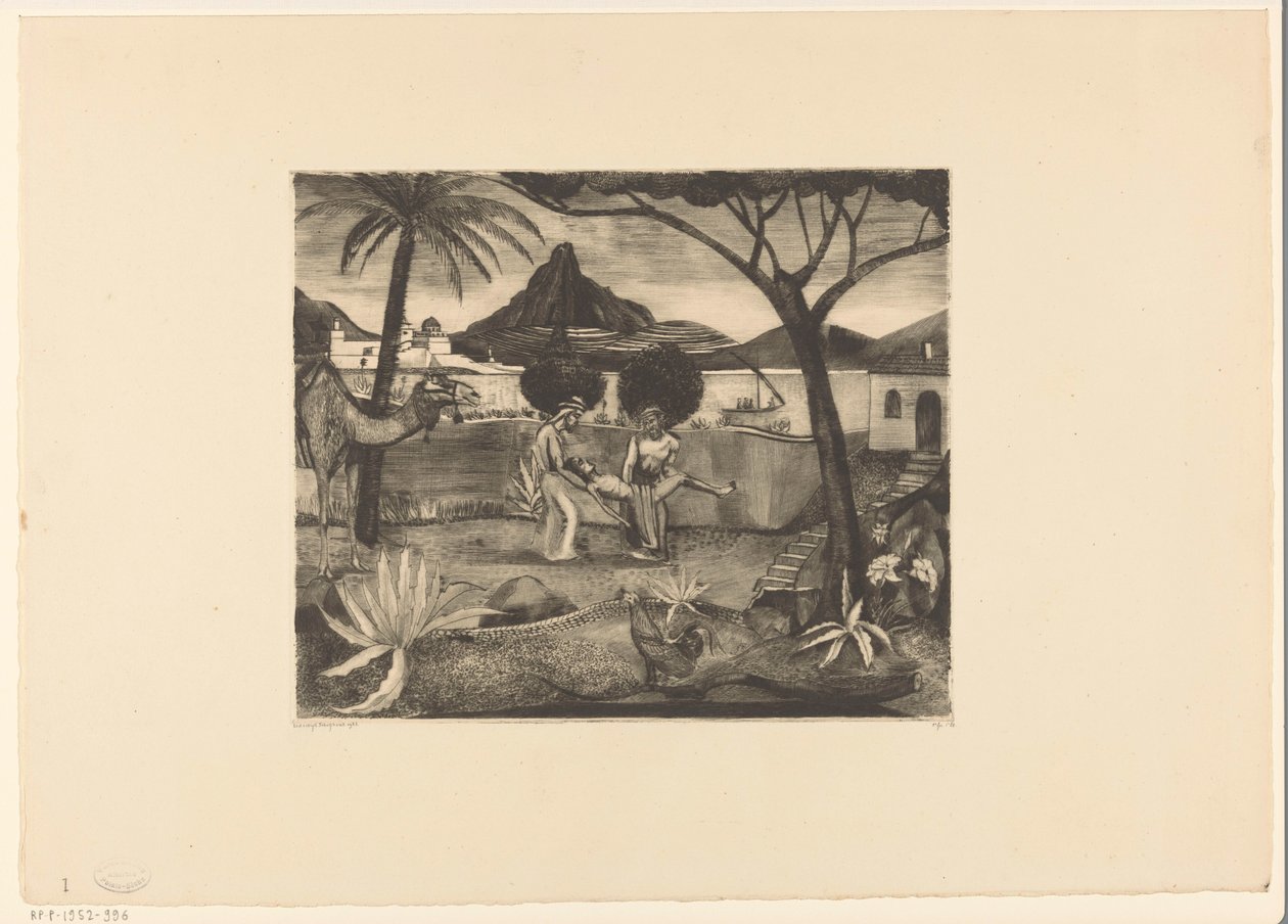 Dos hombres cargando a un hombre en un jardín de Lodewijk Schelfhout (signed by artist)