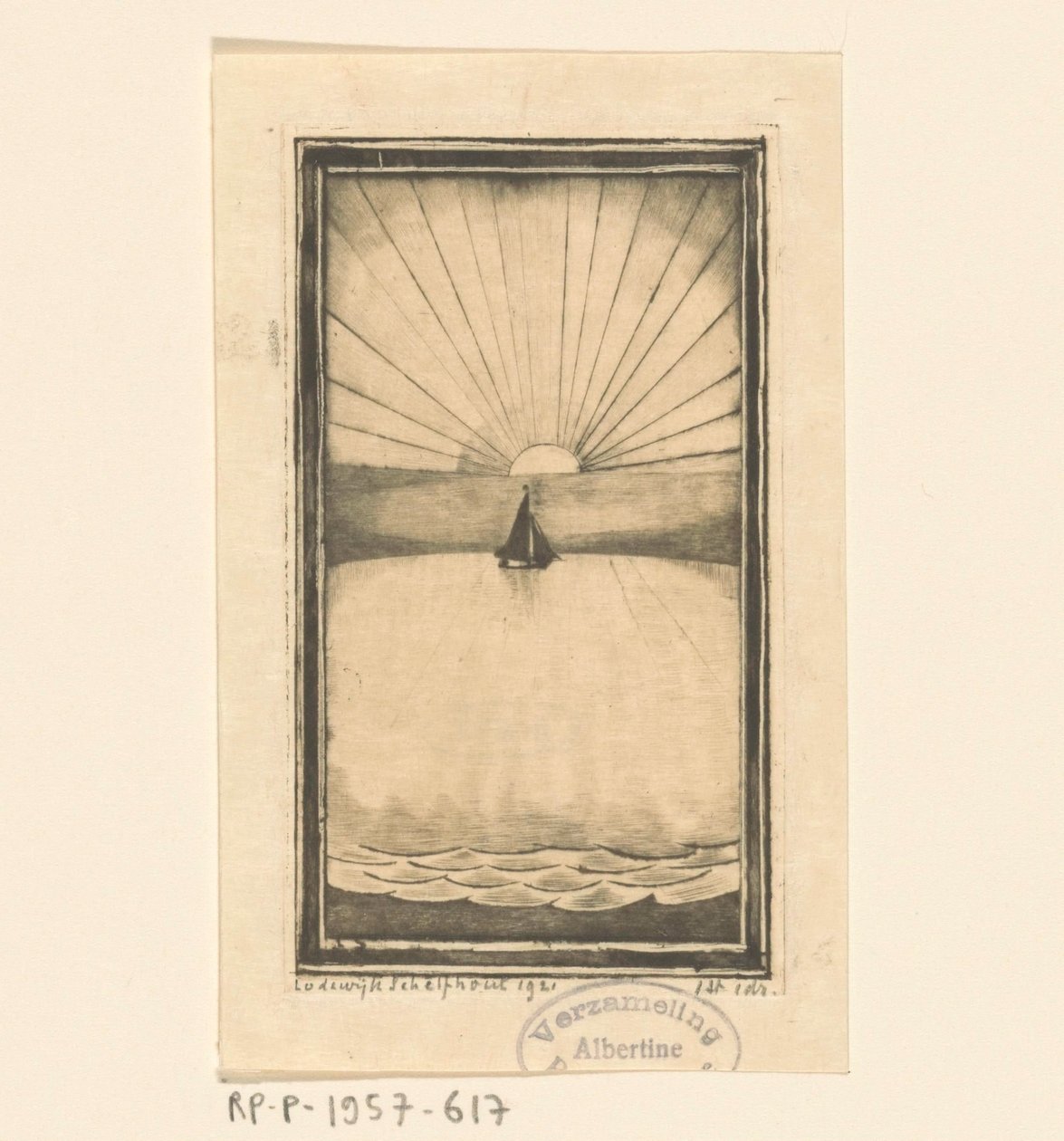 Barco de vela en el mar al amanecer o al atardecer de Lodewijk Schelfhout (signed by artist)