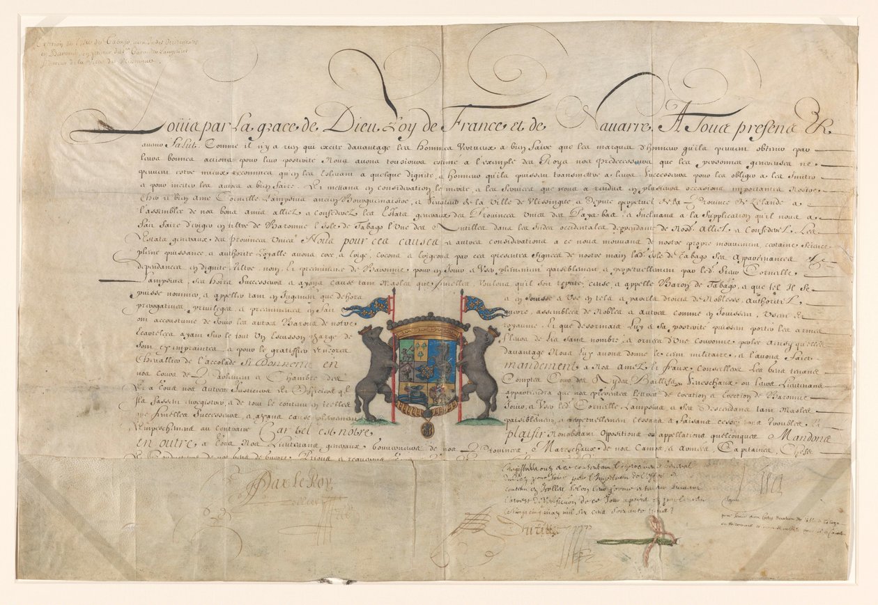 Diploma por el que Luis XIV elevó a Cornelis Lampsins a Barón de Tobago y Caballero de la Orden de San Miguel de Lodewijk XIV (koning van Frankrijk) (signed by artist)