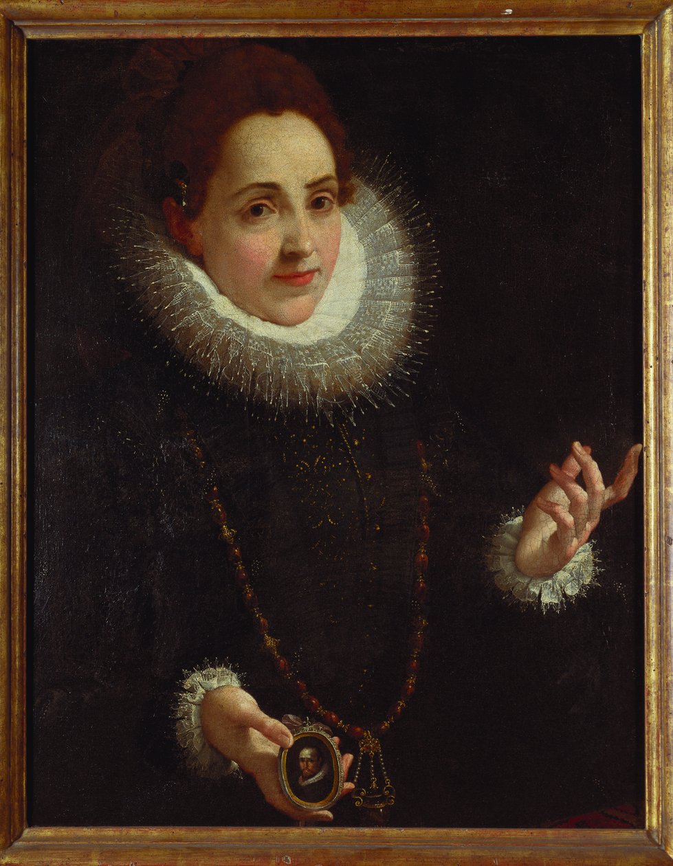 Retrato de una dama sosteniendo un retrato en miniatura de un caballero de Lodovico Carracci