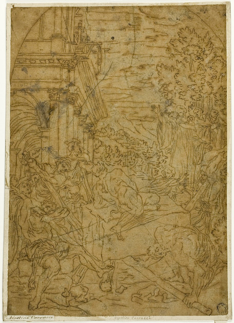 San Benito mueve la piedra que un demonio había inmovilizado de Lodovico Carracci