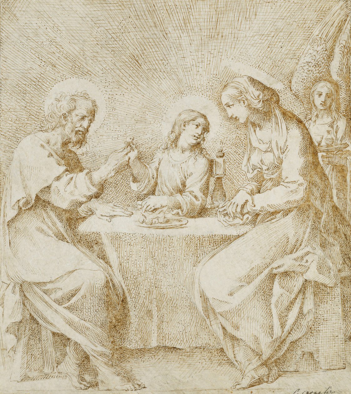 El niño Cristo, la Virgen y San José sentados a una mesa atendidos por un ángel de Lodovico Carracci