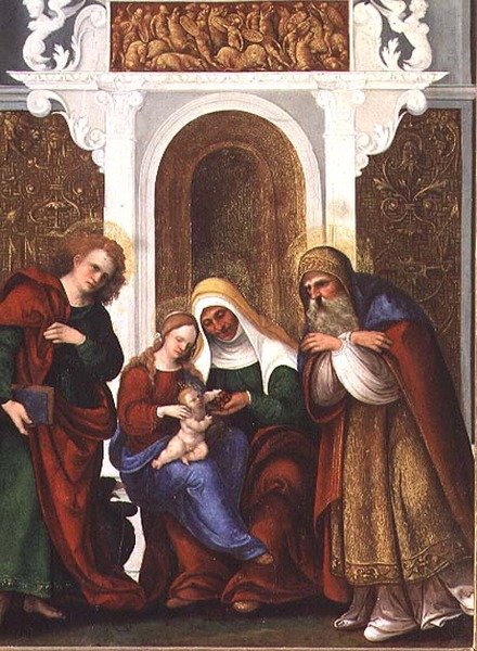 Madonna y Niño con Santa Ana, Juan el Evangelista y Zacarías o Madonna y Santa Ana de las Cerezas de Lodovico Mazzolino
