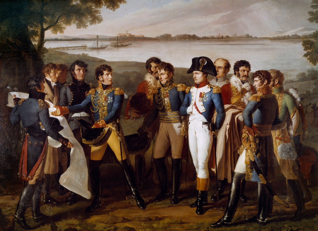 Napoleón I ordenó construir un puente sobre el Danubio en Ebersdorf el 19 de mayo de 1809. El general Henri Gatien Bertrand presenta los planos del puente para pasar por la isla de Lobau. Detalle. Pintura de Ludovico Venuti de Lodovico Venuti