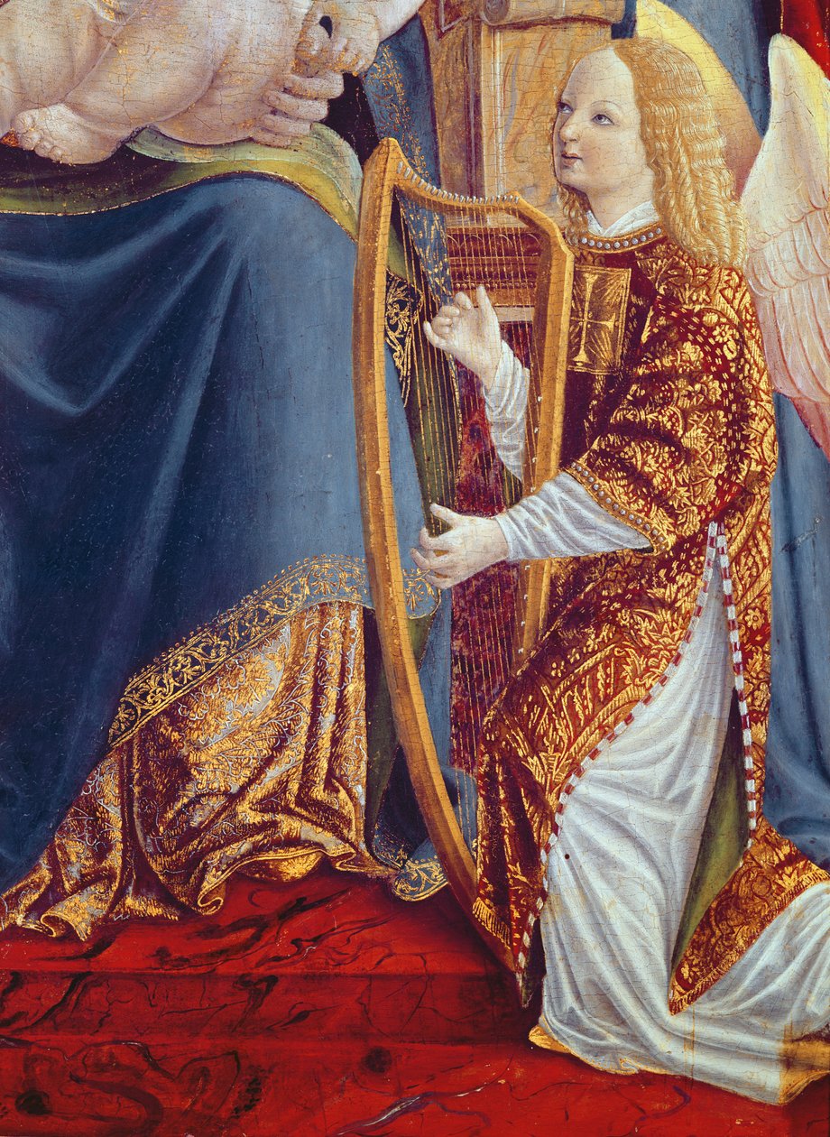 Madonna y el Niño con ángeles músicos, detalle de ángel músico tocando el arpa, c.1490-1500 de Lombard School
