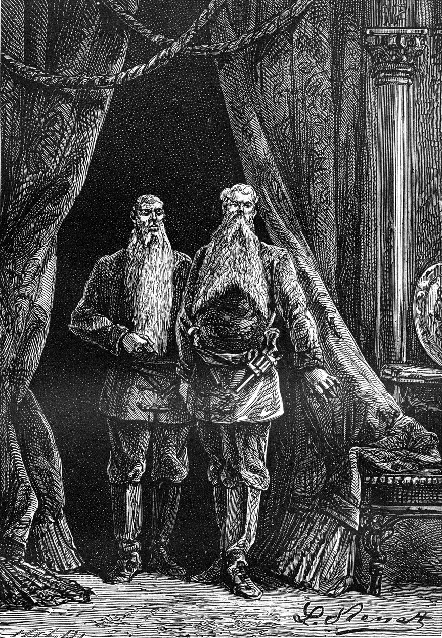 Dibujo de Leon Benett, del libro de Julio Verne "Los 500 millones de la Begum" - edición Hetzel/Extraordinary Voyages 1879. Aspecto de Arminius y Sigimer, dos impresionantes barbudos. de Léon Benett