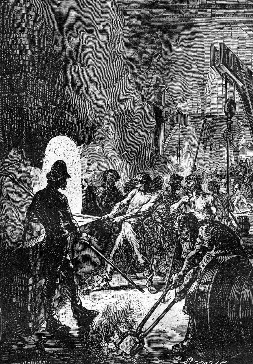 Dibujo de Leon Benett, del libro de Julio Verne "Los 500 millones de la Begum" - edición Hetzel/Extraordinary Voyages 1879. Un equipo de pudeladores trabajando en una fundición de acero - lingotes de hierro fundido lanzados al horno. de Léon Benett