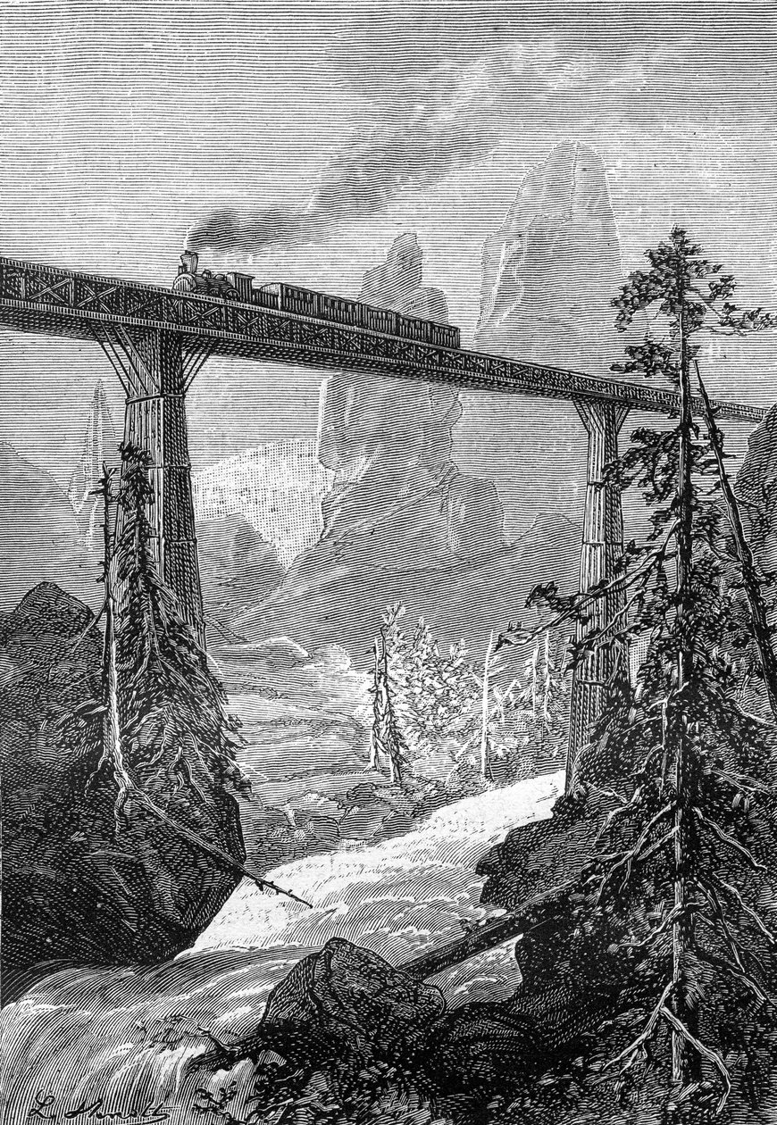 Dibujo de Leon Benett, del libro de Julio Verne "Los 500 millones de la Begum" - edición Hetzel/Extraordinary Voyages 1879. Tren de vapor pasando por un atrevido puente, en un paisaje montañoso con torrente. de Léon Benett