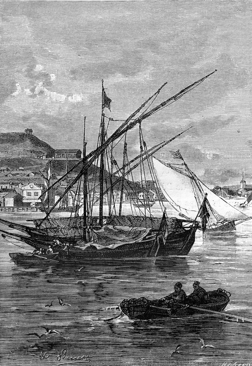 Ilustración de la novela de Julio Verne "Keraban el terco", colección Hetzel/viajes extraordinarios 1883. Dibujo de Leon Benett: el puerto de Kertsch (Crimea), en el estrecho de Iénikale, entre el mar Negro y el mar de Azof. de Léon Benett