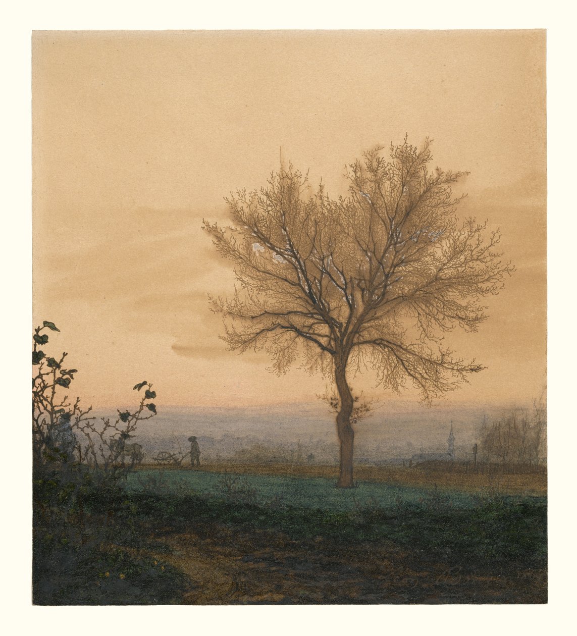 Paisaje con un árbol desnudo y un labrador de Léon Bonvin