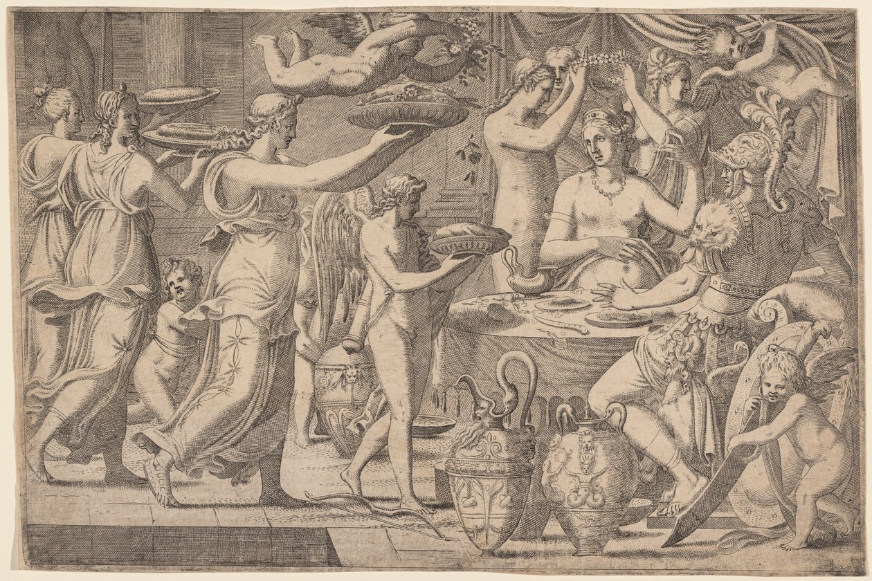 Venus y Marte servidos por Cupido y las Tres Gracias de Léon Davent, after Luca Penni