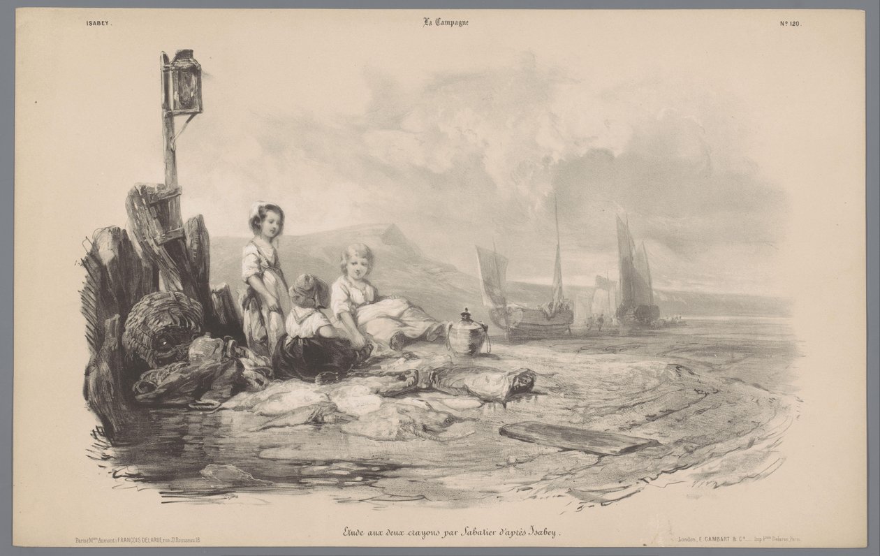 Tres niños jugando en una bahía. Representaciones de la vida rural (título de la serie) La Campaña. Etudes varieés aux deux Crayons (título de la serie sobre el objeto) de Léon Jean Baptiste Sabatier