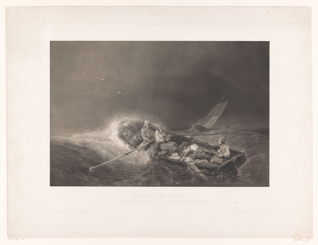 Vissers en een roeiboot op zee Marine gezichten (título de la serie) pinturas de la marina. Litografiada en mezzotinta por L. Sabatier según Eug. Isabey (título de la serie sobre el objeto) de Léon Jean Baptiste Sabatier