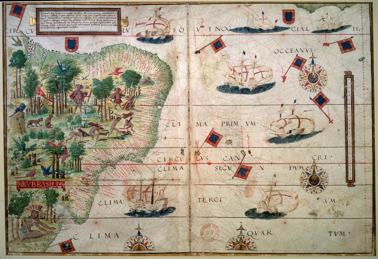 Mapa hidrográfico de Brasil - Manuscrito iluminado "Atlas náutico portugués" del cartógrafo Loppo Homem 1519 París. B.N. - Mapa hidrográfico de Brasil - Del manuscrito iluminado "Atlas náutico inglés" de Loppo Homem (siglo XVI) de Lopo Homem