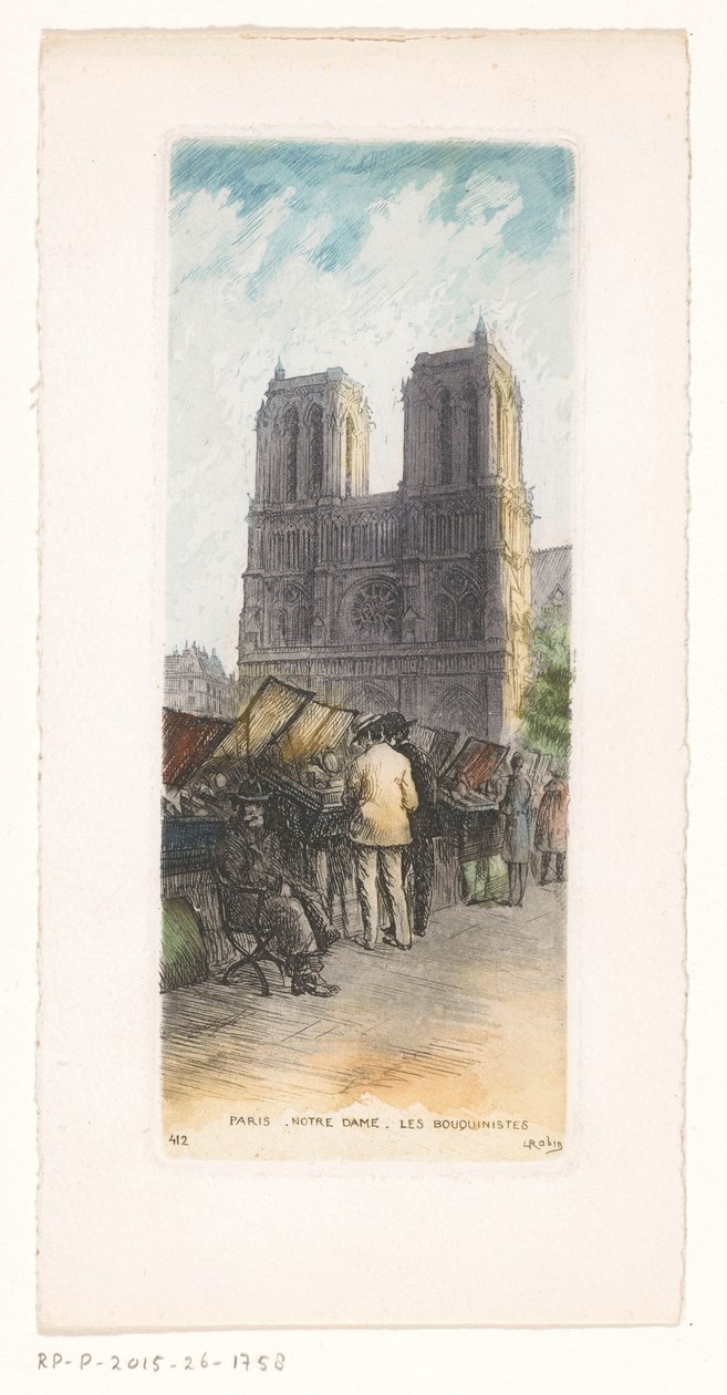 Vista de Notre Dame en París con libreros en primer plano
París Notre Dame les bouquinistes (título en el objeto) de Léopold Robin