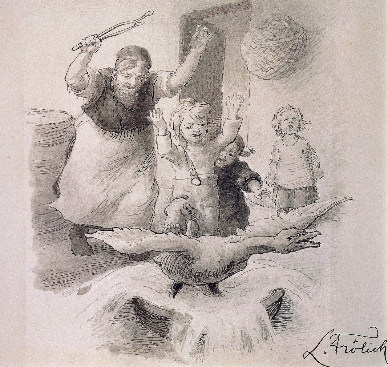El patito feo, ilustración de Lorenz Frolich (1820-1908) para el cuento de Hans Christian Andersen (1805-1875). de Lorens Frolich