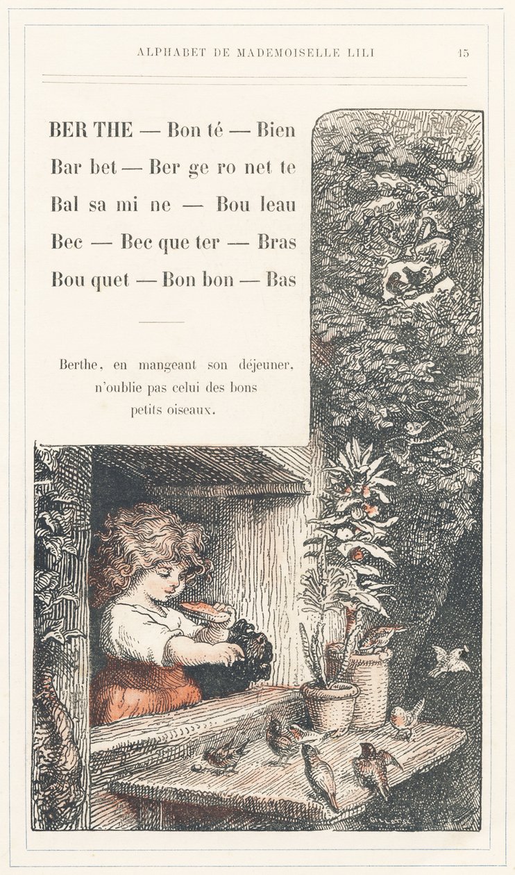 Berthe, Bonte, Well, Barbet, Bergeronnette, Balsamine, Birch, Beak, Becqueter, Arm, Bouquet, Candy, Bottom, página 15 - Abecedario de Mademoiselle Lili, de L. Froelich y de un papá (el propio Hetzel). Bibliotheque  Magasin d