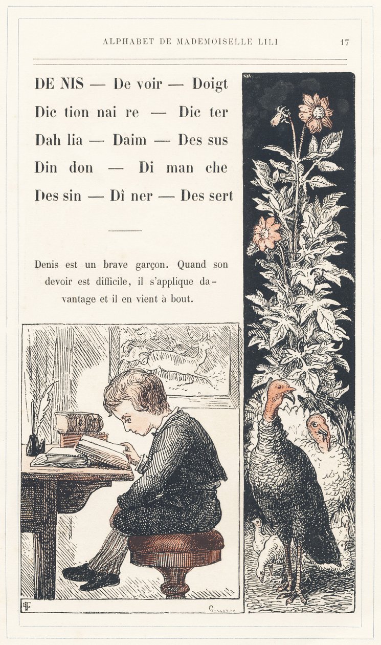 Denis, Deber, Dedo, Diccionario, Dicter, Dalia, Ante, Top, Pavo, Domingo, Dibujo, Cena, Postre, página 17 - Abecedario de Mademoiselle Lili, de L. Froelich y de un papá (el propio Hetzel). Bibliotheque  Magasin d
