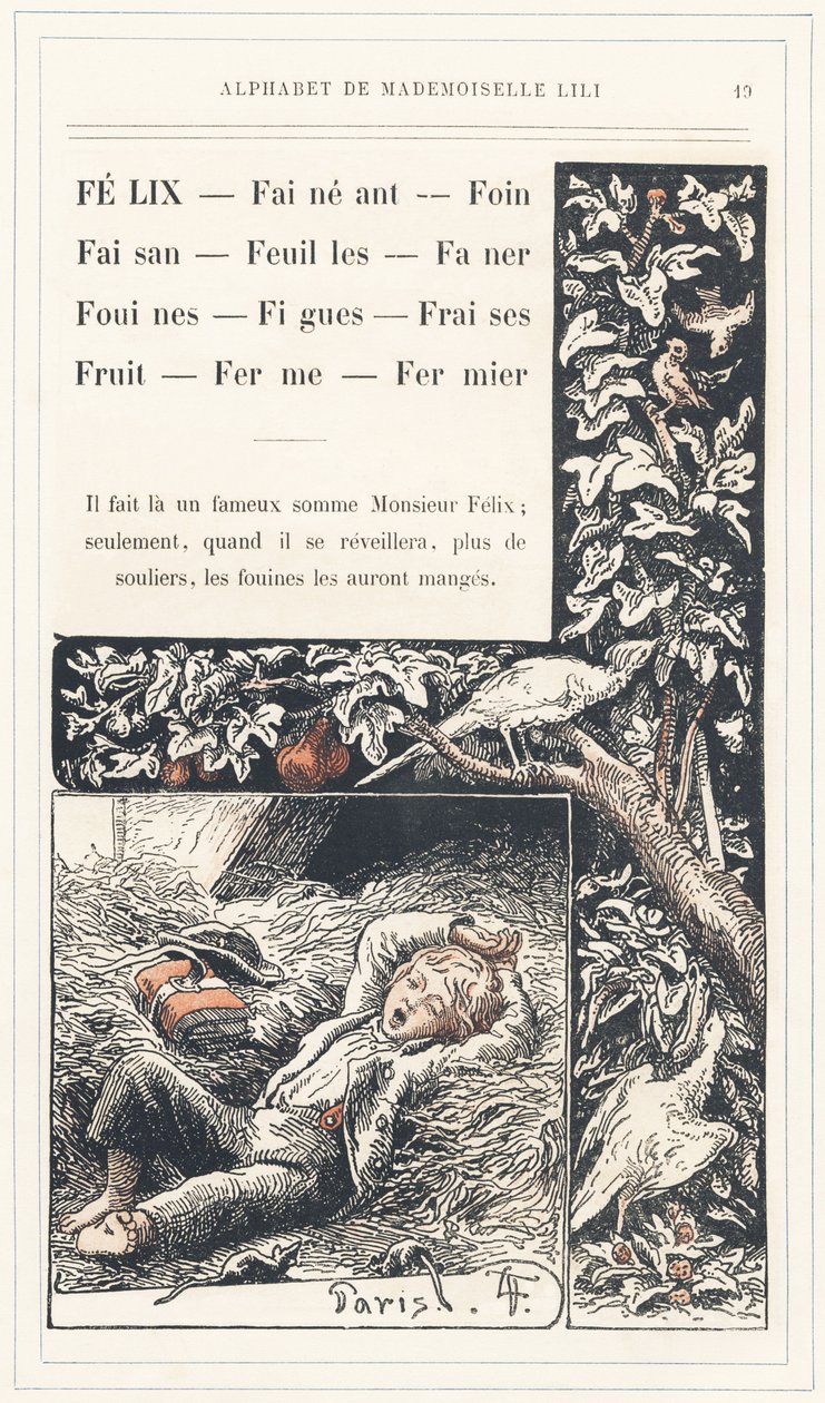 Felix, Lay, Hay, Pheasant, Leaves, Faner, Weasels, Figs, Strawberries, Fruit, Farm, Farmer, página 19 - Abecedario de Mademoiselle Lili, de L. Froelich y de un padre (el propio Hetzel). Bibliotheque  Magasin d