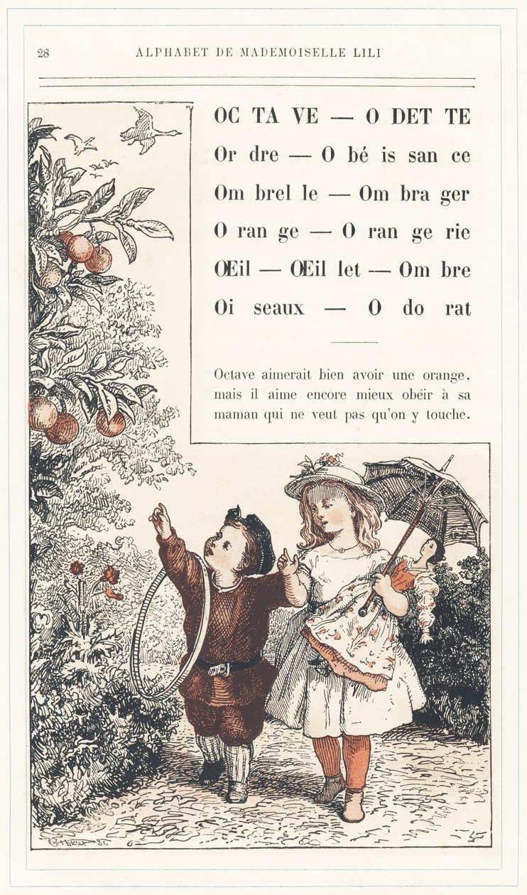 Octave, Odette, Orden, Obediencia, Paraguas, Sombra, Naranja, Orangerie, Ojo, Clavel, Sombra, Pájaros, Olor, página 28 - Abecedario de Mademoiselle Lili, por L. Froelich y por un papá (el propio Hetzel). Bibliotheque  Magasin d