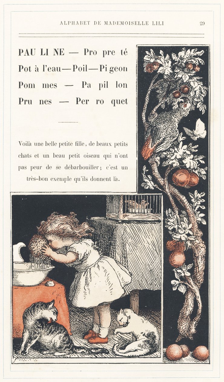 Pauline, Clean, Water Pot, Hair, Pigeon, Apples, Butterfly, Plums, Parrot, página 29 - Abecedario de Mademoiselle Lili, de L. Froelich y de un papá (el propio Hetzel). Bibliotheque  Magasin d