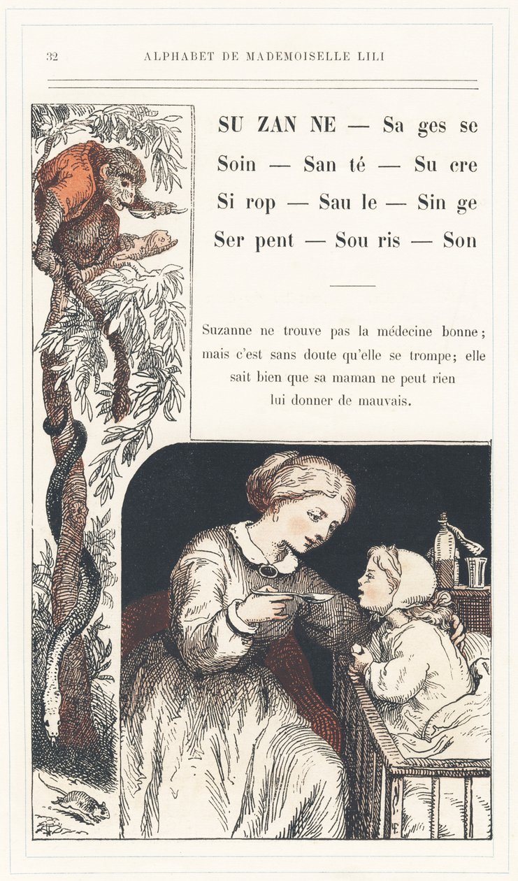 Suzanne, Sabiduría, Cuidado, Salud, Azúcar, Jarabe, Sauce, Mono, Serpiente, Ratón, Sonido, página 32 - Abecedario por Mademoiselle Lili, por L. Froelich y por un papá (el propio Hetzel). Bibliotheque  Magasin d