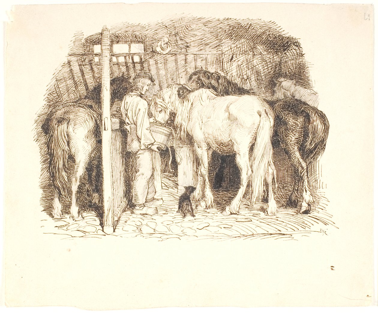 Caballos en un establo bebiendo agua de un mozo de Lorenz Frølich