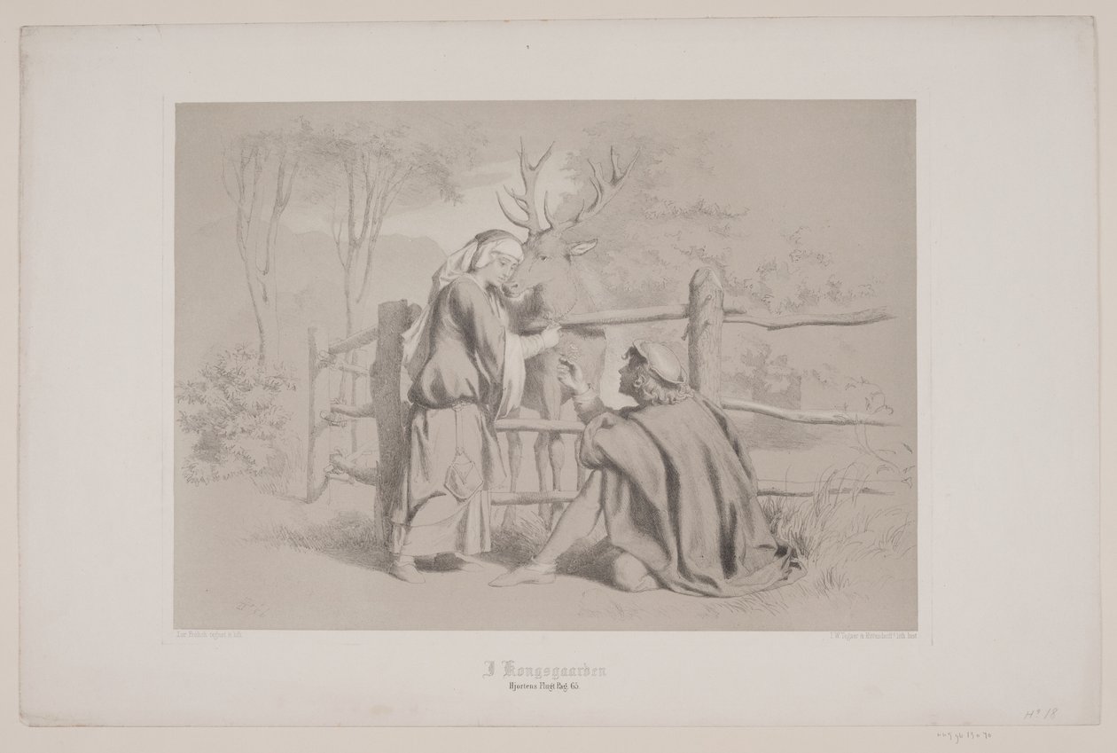En Kongsgården, pág. 65, ilustración para "La fuga del ciervo" de Christian Winther de Lorenz Frølich