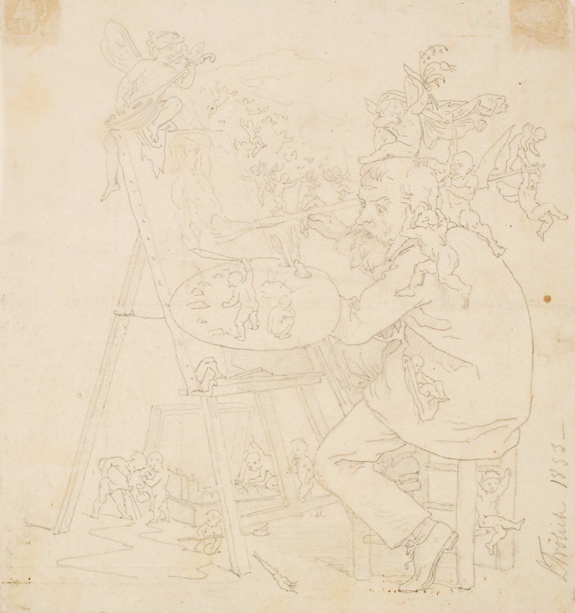 Pintor trabajando rodeado de elfos y otras criaturas de Lorenz Frølich