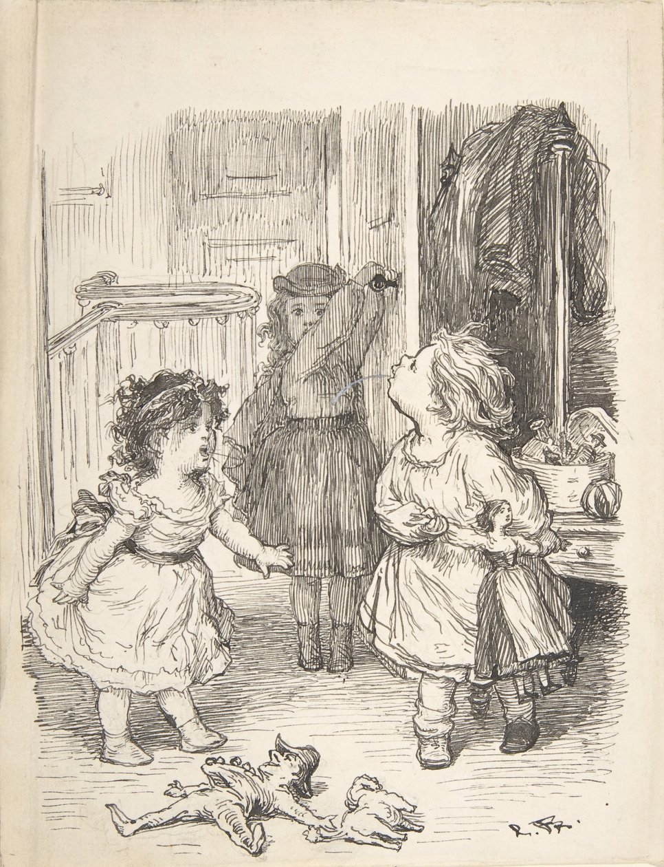 Tres niñas pequeñas en una habitación discutiendo y escupiendo, 1835-1903 de Lorenz Frølich