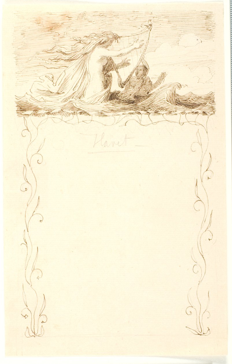 Viñeta con sirena tocando el arpa; debajo marco ornamental de Lorenz Frølich