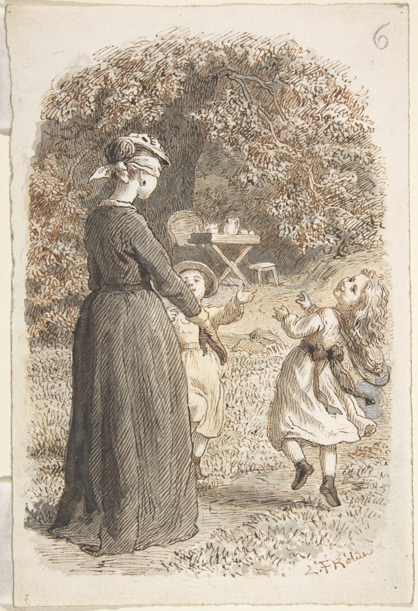 Una madre y dos niños jugando al «ciego» de Lorenz Frølich