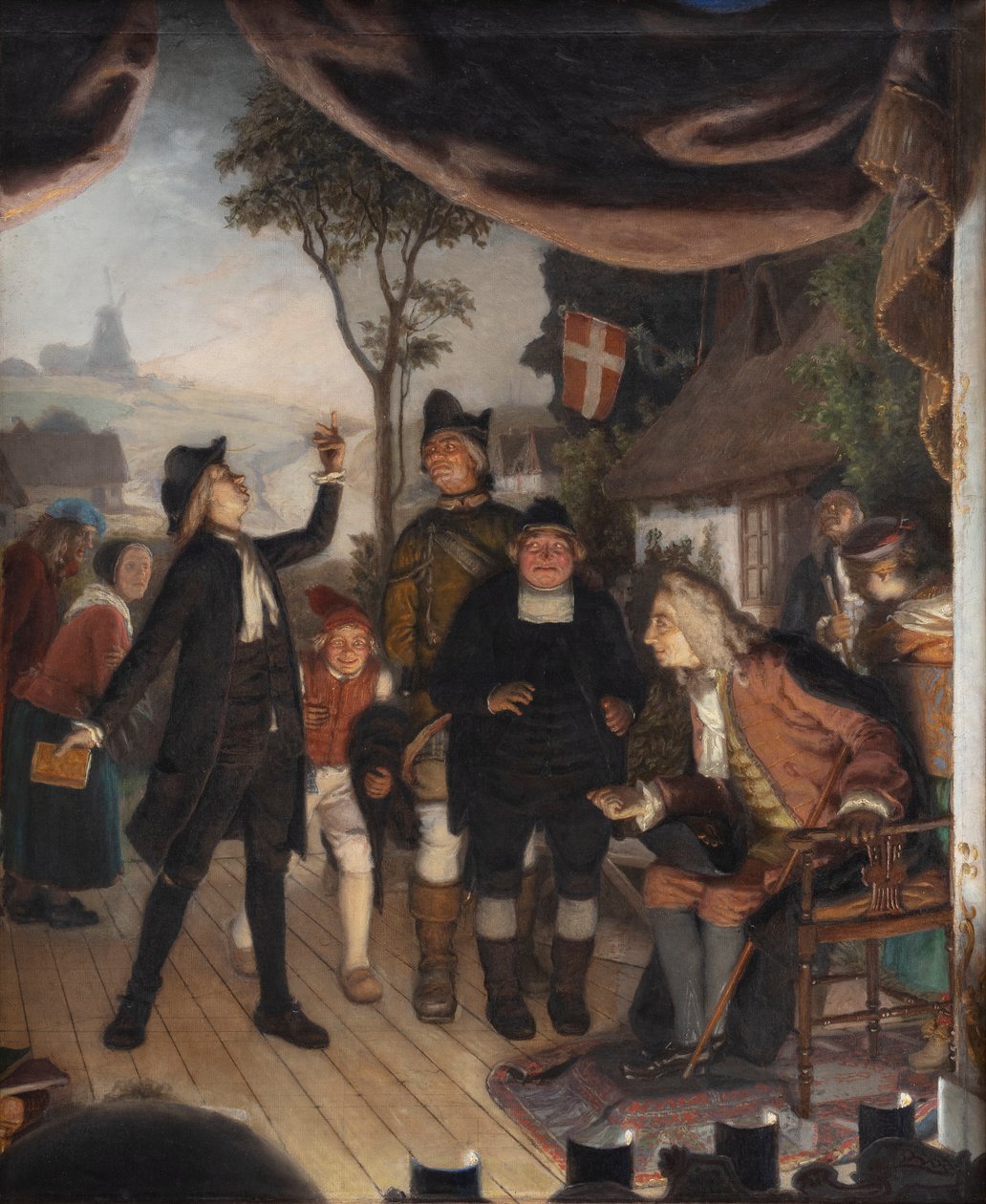 Ludvig Holberg asistiendo a un ensayo de su obra Erasmus Montanus, Acto IV, Escena 2 de Lorenz Frølich