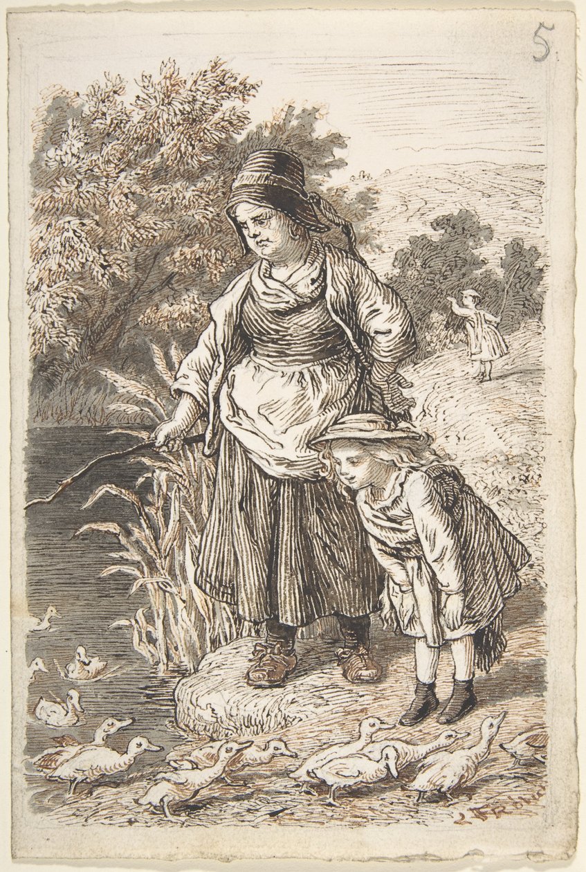 Mujer y niño junto a un estanque de patos de Lorenz Frølich