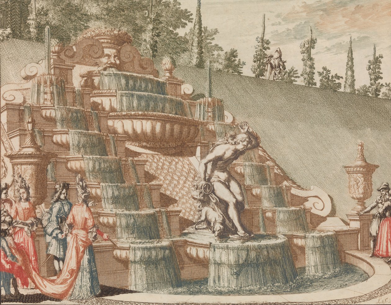 La cascada de Narciso, en el lado este del Gran Jardín, en: Escenario de los más importantes, s.f. de Lorenz Scherm