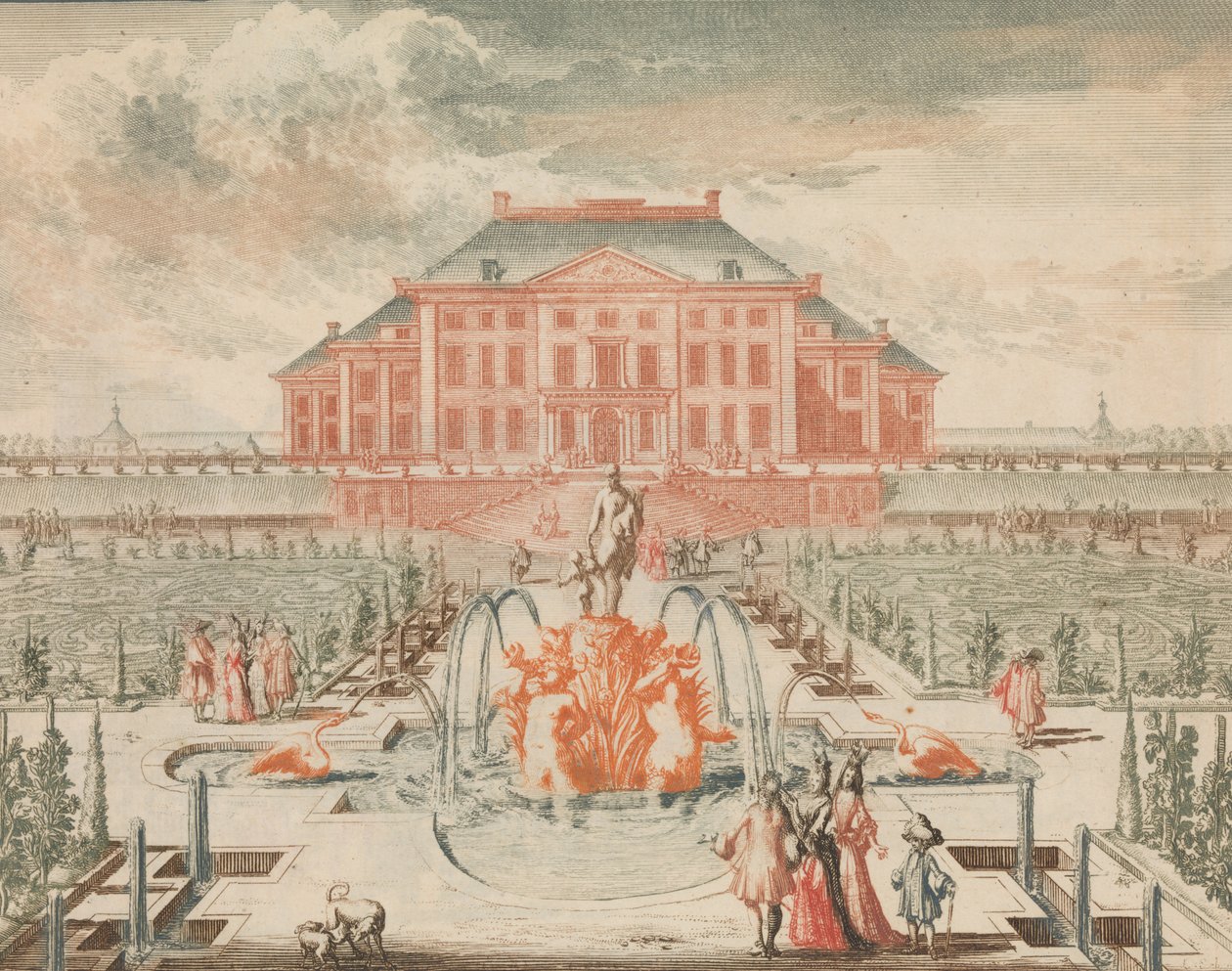 La Casa del Rey desde el lado del jardín, con la Fuente de Venus, en: Tooneel Der Voornaamste N, n.d. de Lorenz Scherm