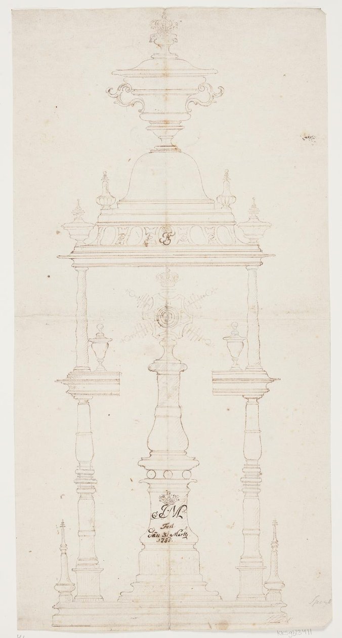 Boceto de un soporte giratorio con las iniciales de la reina Juliane Marie de Lorenz Spengler