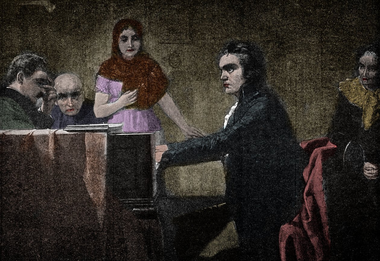 Ludwig van Beethoven toca la sonata Claro de Luna - grabado según Lorenz Vogel - Ludwig van Beethoven (1770-1827), músico alemán, tocando la sonata en UT menor (Claro de Luna - Moonlight) según la pintura de Lorenz Vogel (1846-1902) de Lorenz Vogel