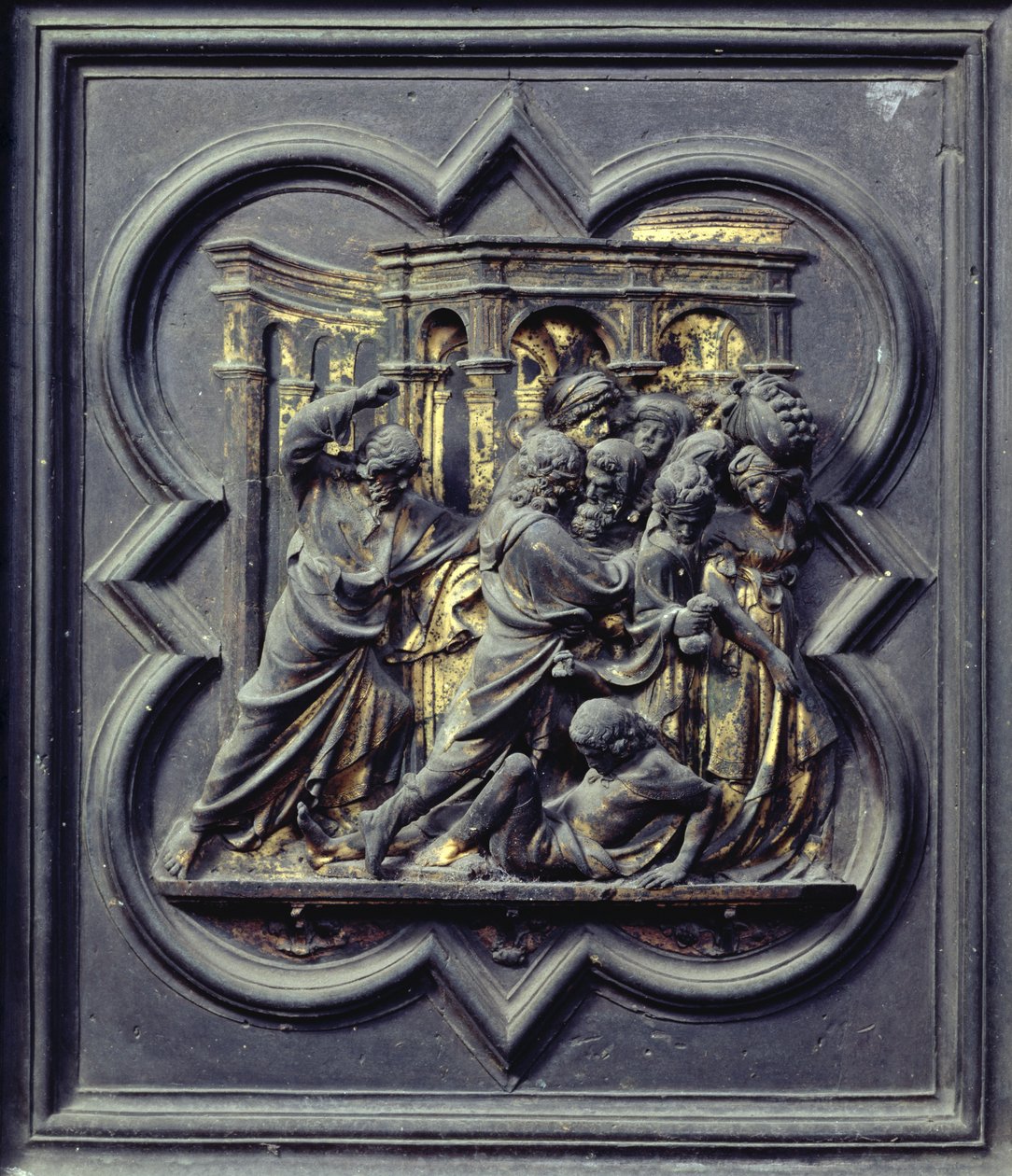 Cristo expulsando a los mercaderes del templo, séptimo panel de las Puertas Norte del Baptisterio de San Giovanni, 1403-24 de Lorenzo Ghiberti