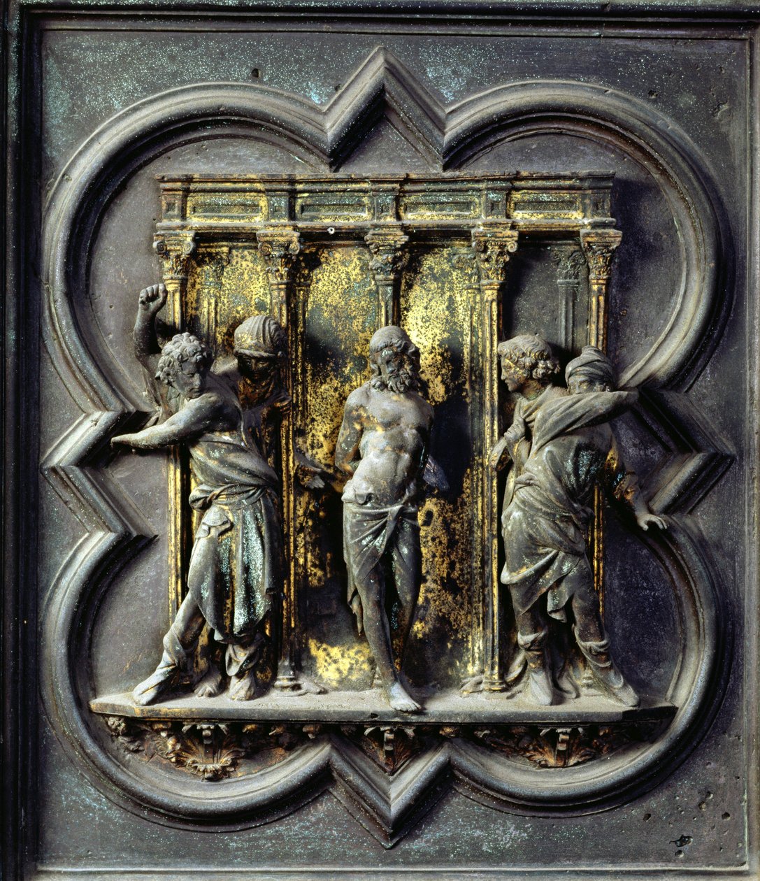 La flagelación de Cristo, decimoquinto panel de las Puertas Norte del Baptisterio de San Giovanni, 1403-24 (bronce) de Lorenzo Ghiberti