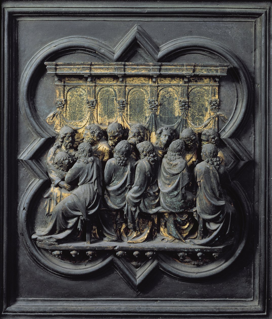 La Última Cena, duodécimo panel de las Puertas Norte del Baptisterio de San Giovanni, 1203-24 de Lorenzo Ghiberti