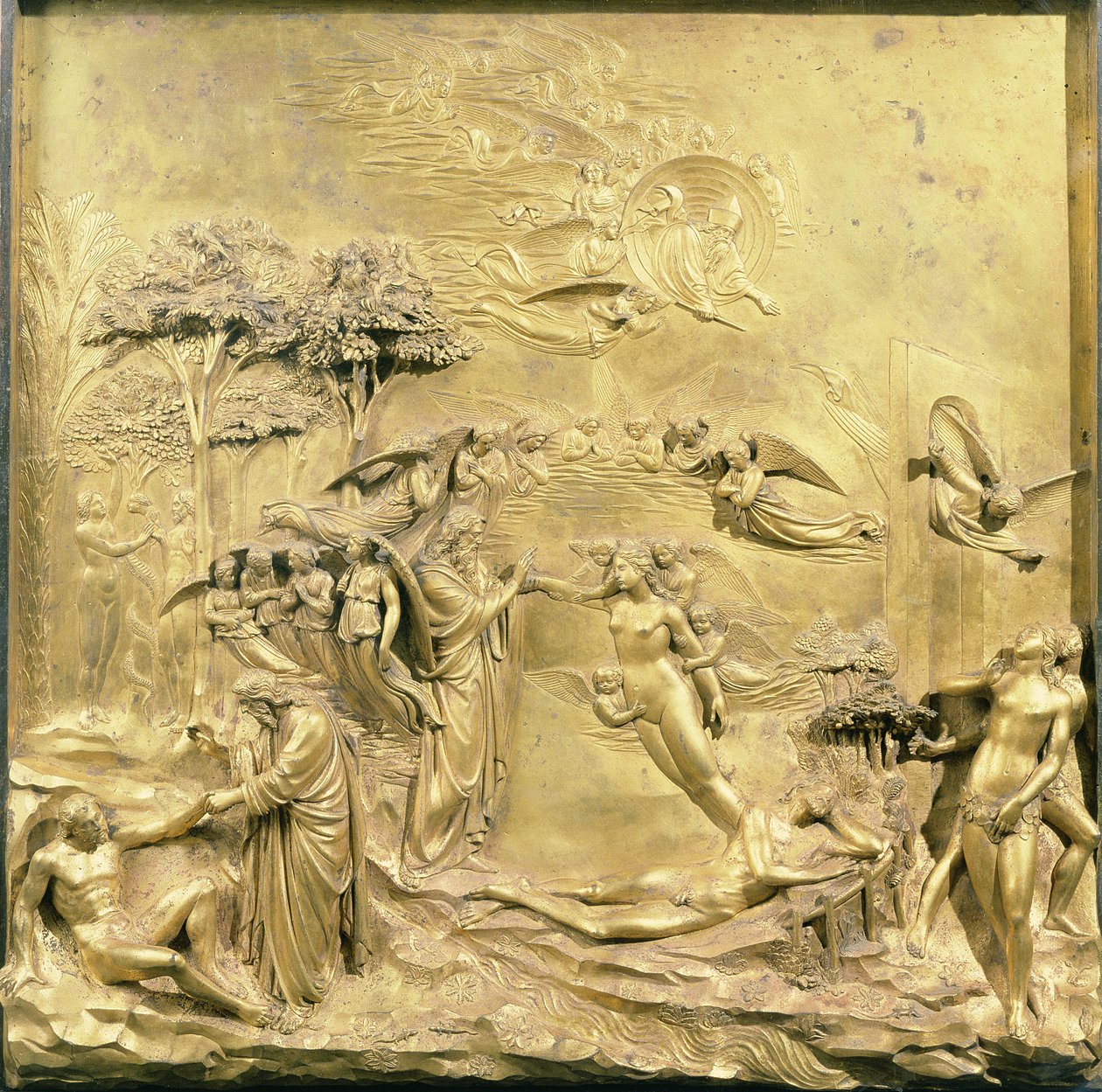 La Historia de Adán, uno de los paneles originales de las Puertas del Este del Baptisterio, 1425-52 (post restauración) de Lorenzo Ghiberti