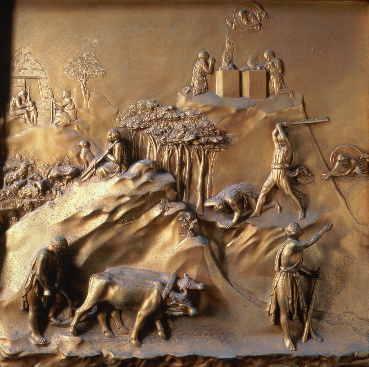 La Historia de Caín y Abel: El Sacrificio, El Asesinato de Abel y Dios Desterrando a Caín, uno de los diez paneles de relieve de las Puertas del Paraíso (Puertas Este), 1425-52 (bronce dorado) de Lorenzo Ghiberti
