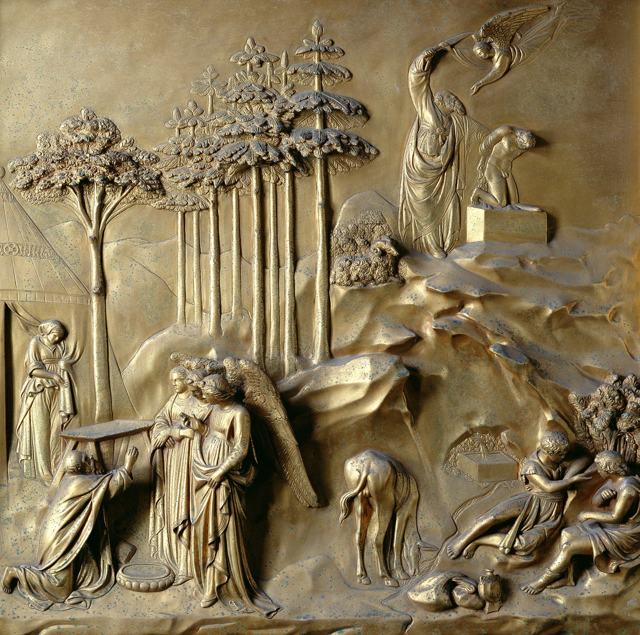 La historia de Isaac: los ángeles profetizan el nacimiento de Isaac y el ángel deteniendo la espada de Abraham, uno de los diez paneles de relieve de las Puertas del Paraíso (puertas este) de Lorenzo Ghiberti