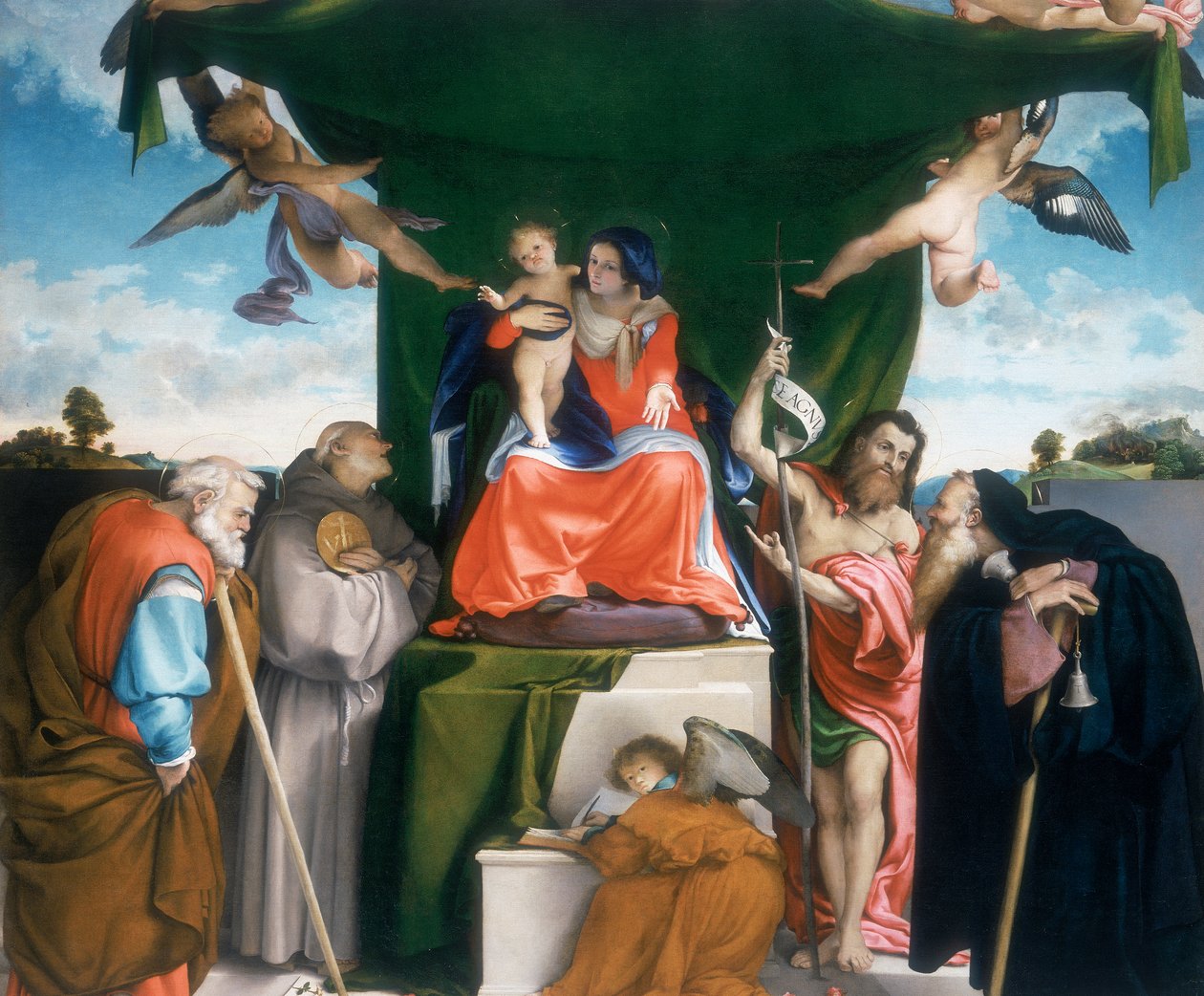 Madonna y Niño en el trono con ángeles y santos de Lorenzo Lotto